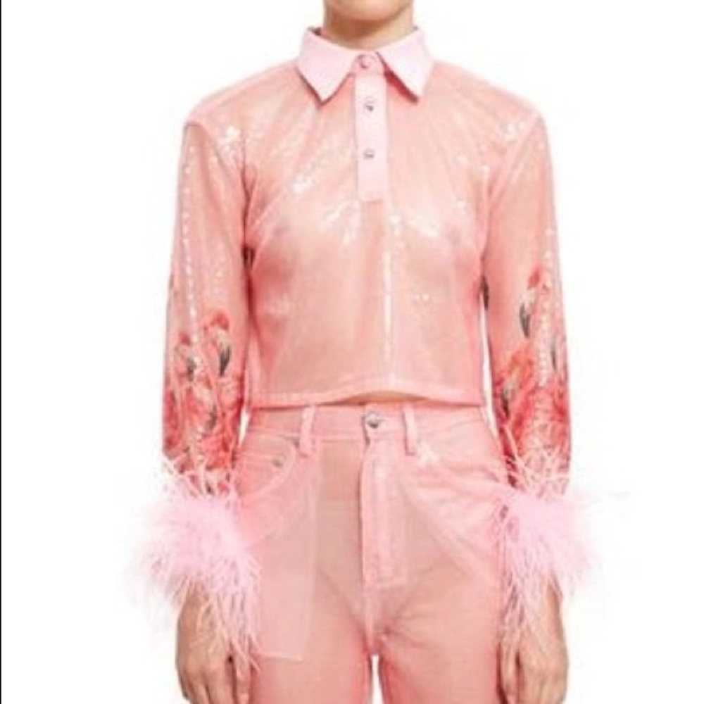 NWT Adam Selman Sequin Cropped Flamingo Polo